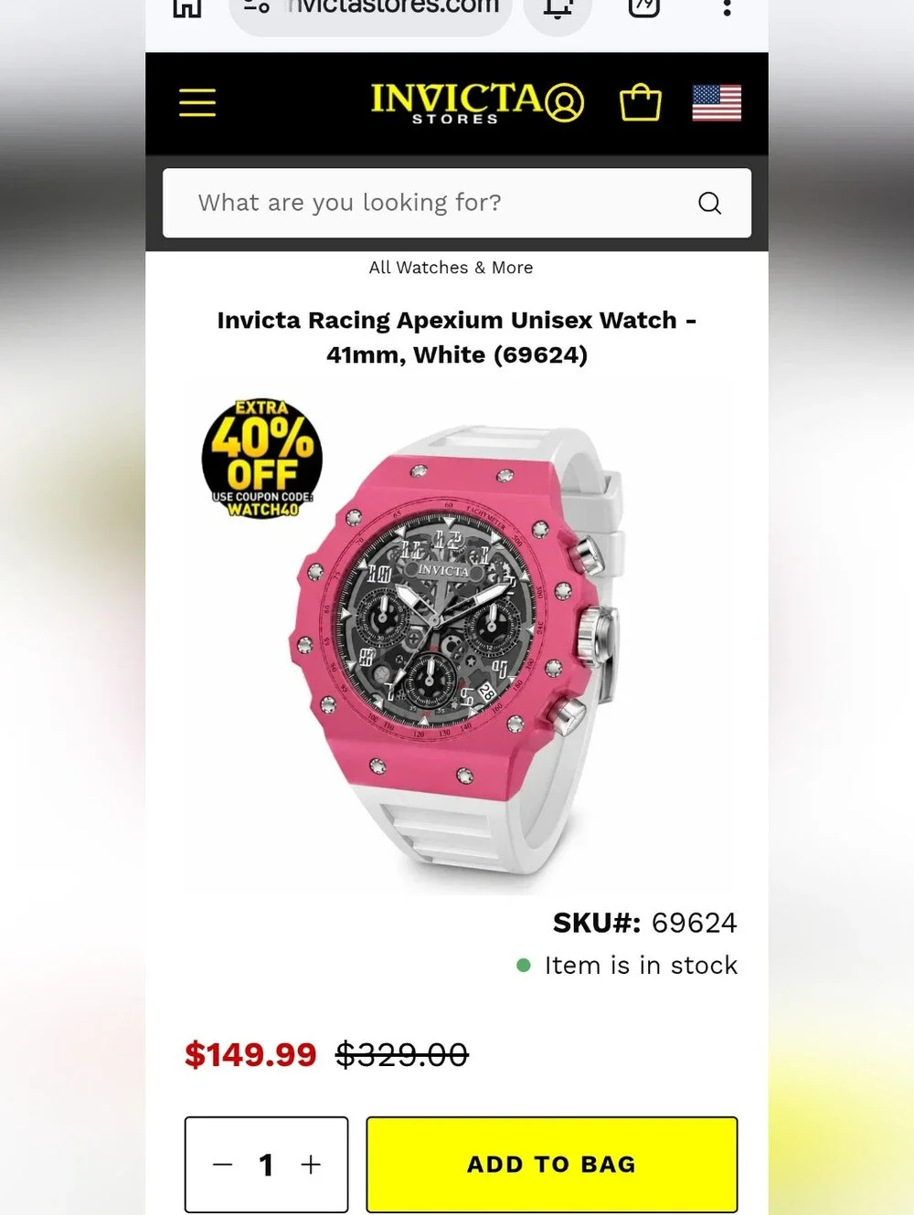 368.  Invicta Racing Apexium Unisex Watch - 41mm, White (69624)